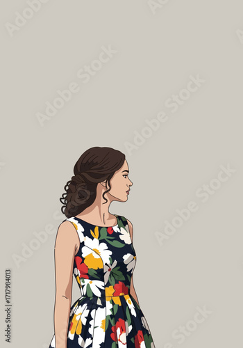Beautiful Woman Wearing Floral Dress Flat Vector
