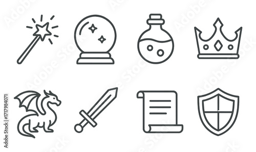 Fantasy icon set: wand, crystal ball, potion, crown, dragon, sword, scroll, shield