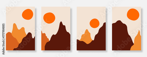 Landscape poster and wall art background set. Mountain and sun design in earth tone colors. Suitable for wall art, print and interior decoration. Vector