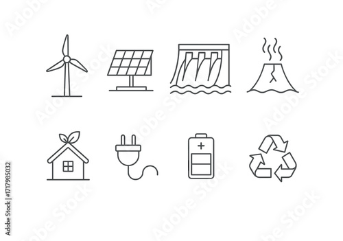 Renewable energy icons: wind, solar, hydro, geothermal, eco-housing, electric, battery, recycling