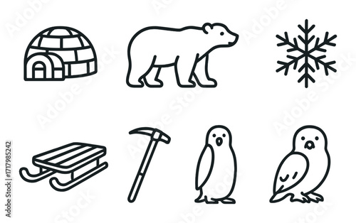 Winter icons: igloo, polar bear, snowflake, sled, ice pick, penguin, owl