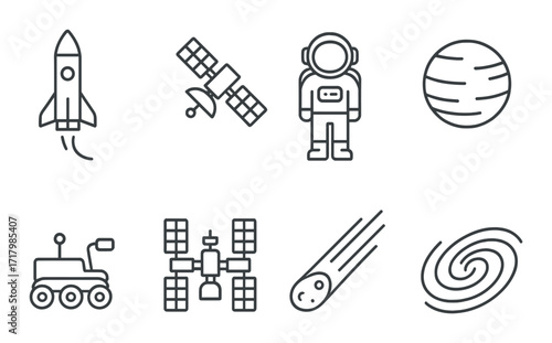 Space exploration icons: rocket, satellite, astronaut, planet, rover, international space station, meteor, galaxy
