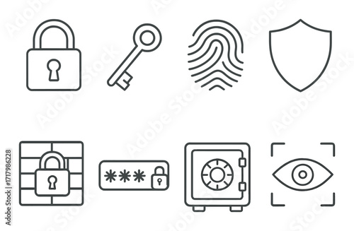 Security icons set: lock, key, fingerprint, shield, vault, eye, password