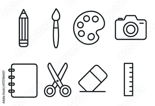 Art tools icon set featuring pencil brush palette camera notebook scissors eraser ruler