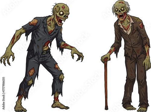 PrintCartoon zombie characters in tattered suits, creepy undead monsters with scary faces, Halloween horror illustration for spooky vector design