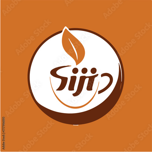 Abstract coffee cup and leaf logo concept in a brown circle. Vector graphic icon symbol for a cafe, tea house, or beverage brand identity template