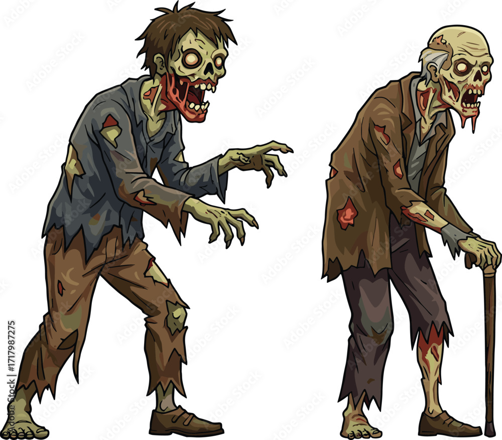 Fototapeta premium PrintCartoon zombie characters, creepy undead monsters, scary Halloween illustration, horror vector design, spooky walking dead artwork, evil ghoul drawing