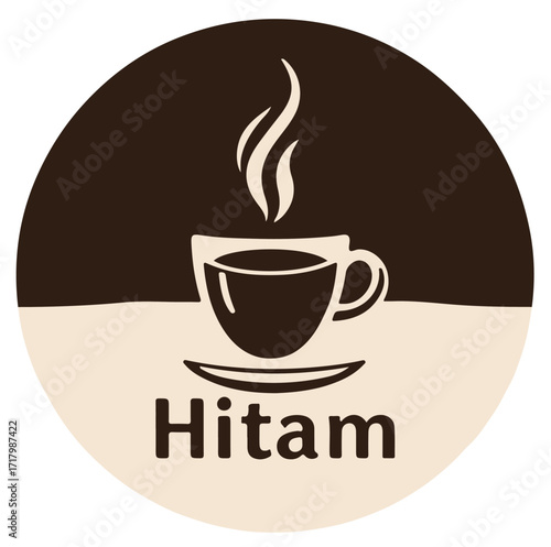 Simple black coffee cup logo with steam and the word Hitam, ideal for cafe branding and beverage design