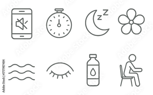 Simple icons: silent mode, timer, night, rest, flower, waves, eye, hydration, seated figure