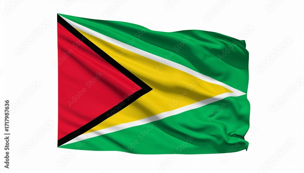Fototapeta premium The flag of Guyana waving gently photorealistic cloth detail white background with subtle shadows