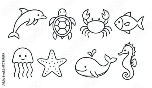 Cute ocean animal outlines: dolphin, turtle, crab, fish, jellyfish, starfish, whale, seahorse