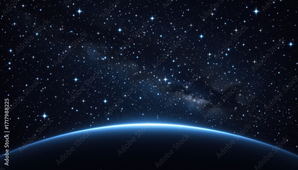 Fototapeta premium Starry Night Sky with Glowing Planet Horizon in Vast Cosmic Universe