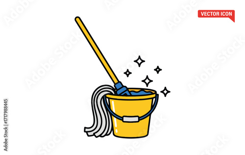 Cartoon mop and bucket for cleaning sparkling surfaces and household chores