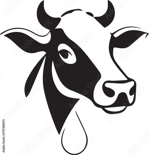 Minimalist black and white dairy cow head icon with a fresh milk drop, perfect for natural farm products, organic food, and wholesome nutrition branding