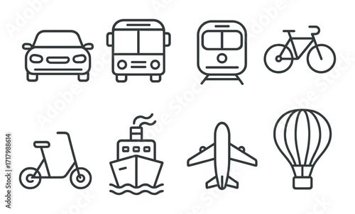 Transportation icons set: car, bus, train, bicycle, scooter, ship, airplane, balloon