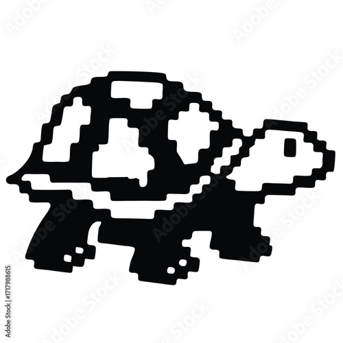 Black Pixelated Turtle Illustration, Monochrome with White Background