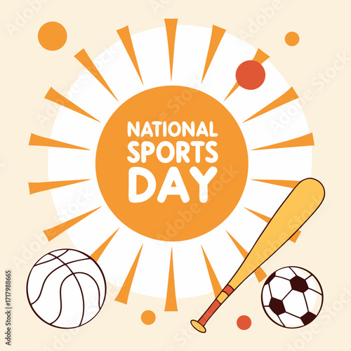 Celebrate National Sports Day with vibrant icons of basketball, soccer, and baseball bat under a sunny sky!