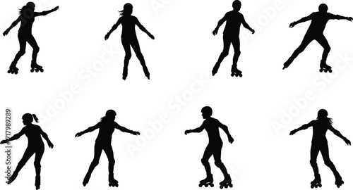 "Roller skating silhouettes of people in dynamic poses showing various skating techniques and movements isolated on white background vector illustration"
