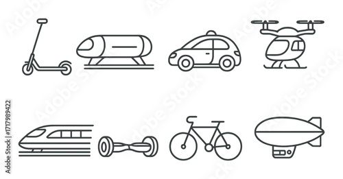 Futuristic transport icons: scooter, hyperloop, car, helicopter, train, hoverboard, bicycle, blimp