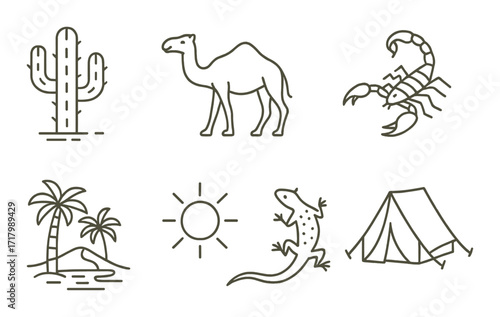 Desert symbols: cactus, camel, scorpion, island, sun, lizard, tent illustrations