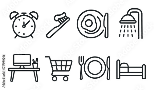 Daily routine icons: alarm clock, toothbrush, breakfast, shower, workstation, shopping cart, dining, bed