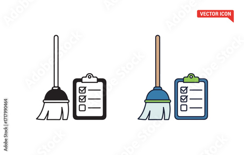 Broom and clipboard checklist icon set cleanliness maintenance tasks professional housekeeping service