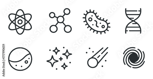 Scientific icons: atom, molecule, bacteria, dna helix, planet, stars, comet, galaxy spiral