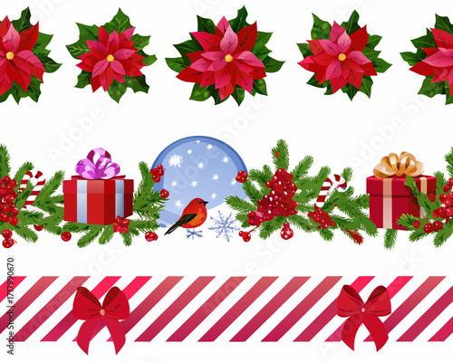 Festive christmas borders with poinsettias gifts and a bullfinch