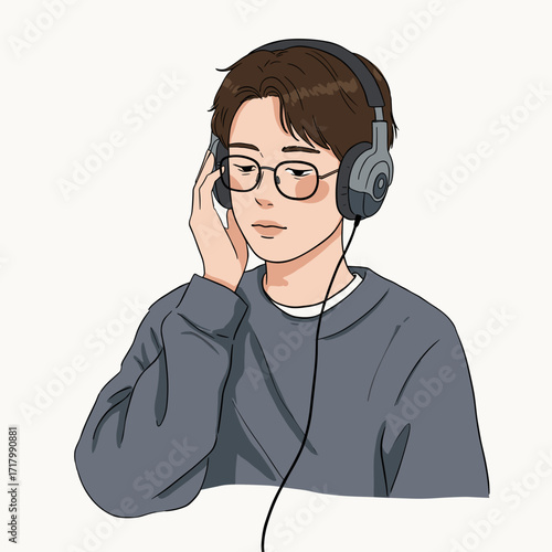 Young man listening to music with headphones while deep in thought  