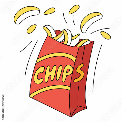 Explosion of delicious potato chips bursting from a vibrant red bag, perfect for snack ads and food promotions