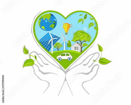 Hands holding heart shaped green world with renewable energy and sustainable living elements