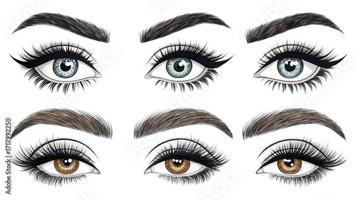 Set of six different eye makeup styles isolated on transparent background