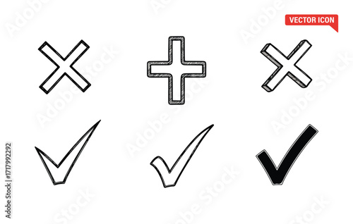 Doodle style checkmarks crosses and plus signs simple hand drawn icons for decision making