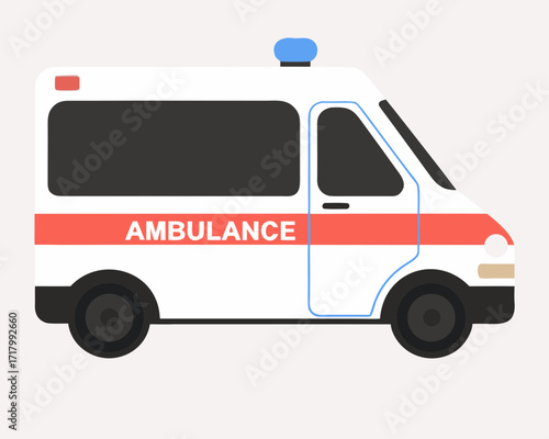 Modern flat design illustration of a white ambulance with a red stripe and blue light