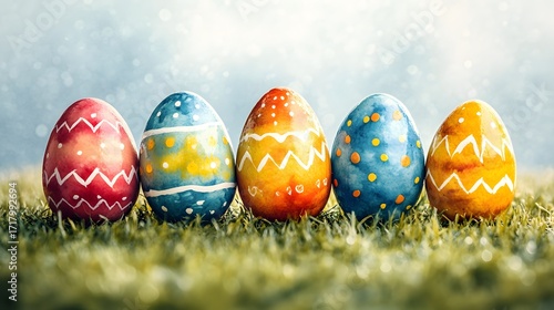 Colorful Easter eggs displayed on green grass under a bright sky during a festive spring day