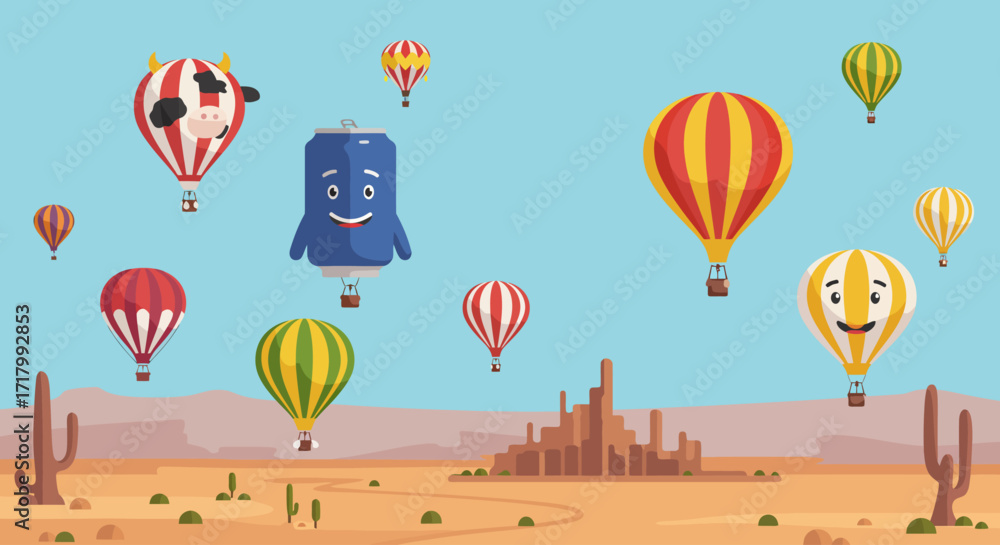 Obraz premium A playful flat design vector illustration showcasing a variety of unique special shape hot air balloons soaring above the New Mexico desert, a highlight of the Albuquerque International Balloon Fiesta