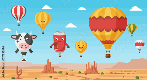A playful flat design vector illustration showcasing a variety of unique special shape hot air balloons soaring above the New Mexico desert, a highlight of the Albuquerque International Balloon Fiesta