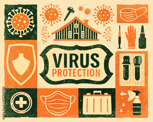 Virus protection measures and safety equipment illustration with vintage distressed texture
