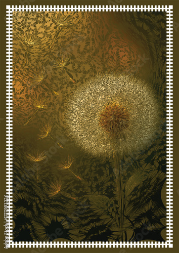Golden Dandelion Wishes, an abstract botanical digital art piece. Features floating seeds on a textured bronze background, perfect for modern and ethereal wall decor.