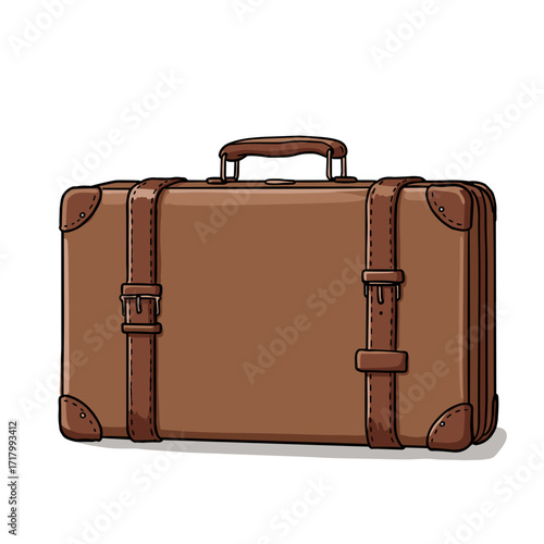 Vintage leather suitcase with straps in brown color  