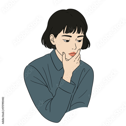 Lost in thought -  Young woman thinking with hand on chin in casual attire  
