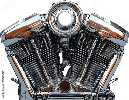 Polished Chrome Motorcycle Engine V- Twin on White Background V-twin metal