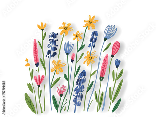 A whimsical and gentle drawing of a small garden full of different kinds of flowers.