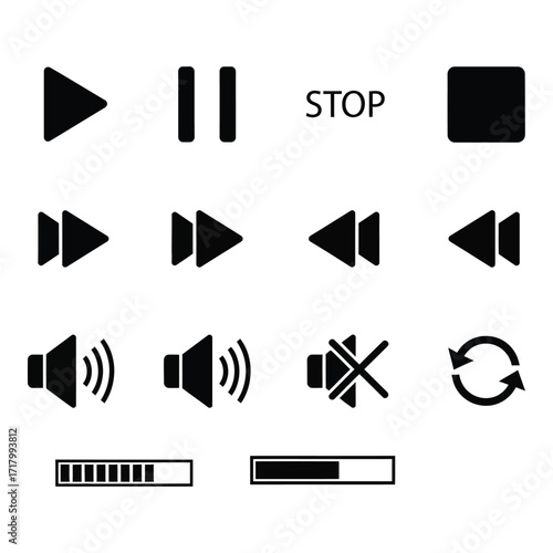Collection of media playback and audio control icons for digital applications silhouette