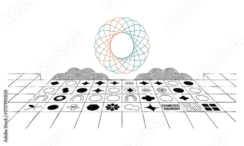 Colorful Geometric Abstract Shape Elements Grid, Flat Vector illustration Set on White,  Colorful groovy brutal figures. Modern Swiss design aesthetic, easily edibale and scalable.
