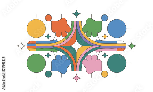Colorful Geometric Abstract Shape Elements Grid, Flat Vector illustration Set on White,  Colorful groovy brutal figures. Modern Swiss design aesthetic, easily edibale and scalable.