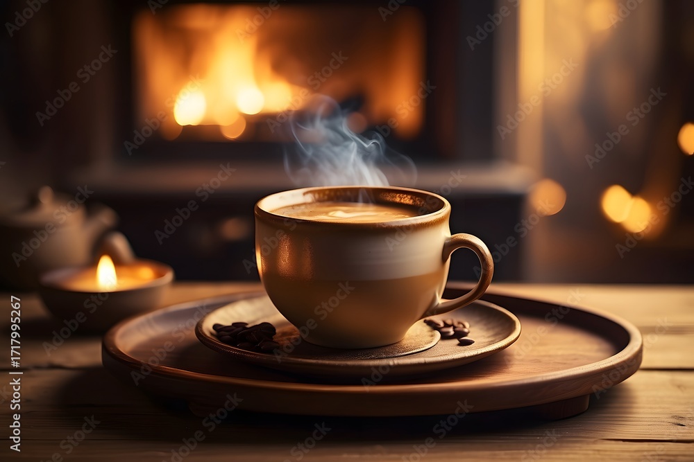 Fototapeta premium Cozy Steaming Cup of Coffee by a Warm Fireplace