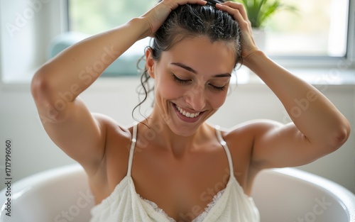 Woman bathing and washing hair. High quality