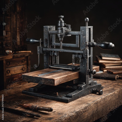 Antique cast iron bookbinding press on a rustic wooden workbench in a traditional workshop.