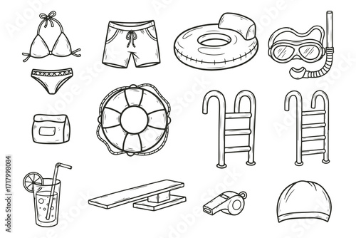swimwear, swimming shorts, life preserver, goggles, snorkel, diving mask, flippers, beach ball, inflatable float, diving board, swim ladder, water wings, beach towel, sunglasses, swim cap